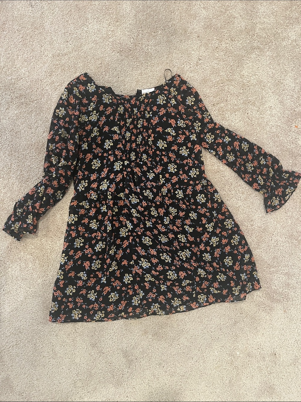 Parker | Floral Smocked Babydoll Dress Black Chiffon Long Sleeve | Women’s XS